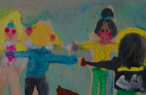 Watercolor artwork of kids holding hands